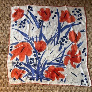 Rare 1960s vintage Vera Neumann Poppy silk twill scarf in white, coral & blue